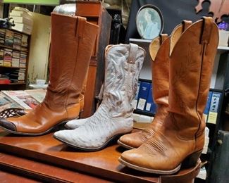 L to R: Caramel stacked heel men’s size 6.5A Justin leather cowboy boots w/ snakeskin toes, style M8999, very good condition, discounted price now $15; White ostrich skin/leather stacked heel men’s size 6.5B Justin cowboy boots, style C6217, excellent condition, discounted price now $15; Tan stacked heel men’s size 6.5B Justin leather cowboy boots, style L4372, very good condition, discounted price now $15
***Please note: California sales tax will be charged on all purchases unless you have a valid California resale certificate on file with us.***
