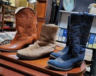 L to R: Brown Andrew Geller women’s size 8 Sleeker Cowgirl lined rain boots, very good condition, discounted price now $25; Tan Pallas Cresta size 7 calfskin snow boots with rubber soles, very good condition, discounted price now $30; Denim stacked heel men’s size 6.5C Acme cowboy boots with suede uppers, excellent condition, discounted price now $32.50
***Please note: California sales tax will be charged on all purchases unless you have a valid California resale certificate on file with us.***