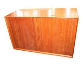 Midcentury Teak Tambour Door Entertainment Cabinet by Povel Dineson , Made in Denmark, Measures approx 54ʺW × 23.5ʺD × 34ʺH,  Discounted price now $447.50
***Please note:  California sales tax will be charged on all purchases unless you have a valid California resale certificate on file with us.***
