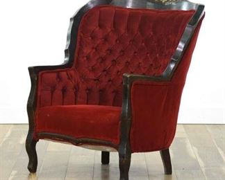 Early 1900'S Red Tufted Barrel Back Velour Armchair