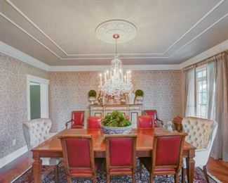 Sold-       Natural Mahogany Dining Table , Pair of Jessica Charles Tufted Wing Chairs, Set of 8 Red Leather Dining Chairs