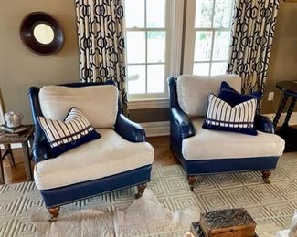 SOLD-     Pair of Century Blue Leather and Linen Upholstered Club Chairs