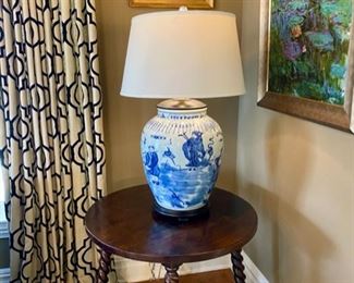 SOLD-   Mahogany Accent Table with Barley Twist Legs, Blue and White Porcelain Lamp