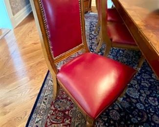  Sold-     Set of 8 Brass Buttoned Red Leather Dining Chairs