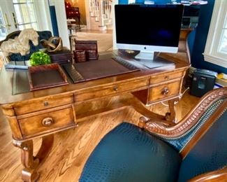 SOLD-    Carved Wood Leather Top Desk with Gold Tooling 
