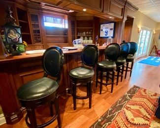 SOLD-    Set of 5 Frontgate Hunter Green Leather Upholstered Bar Stools