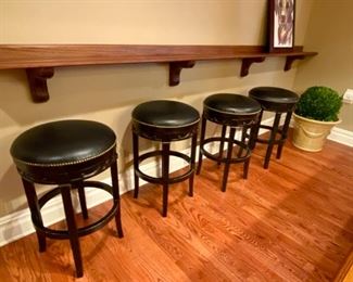 SOLD-             Set of 4 Brass Buttoned Black Leather Upholstered Stools