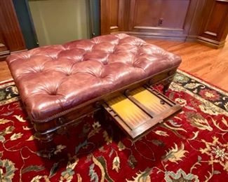 SOLD-   Brass Buttoned Tufted Leather Upholstered Bench with Slide Out Backgammon Board