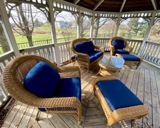 SOLD-     6 Piece Wicker Set with Royal Blue Upholstered Cushions