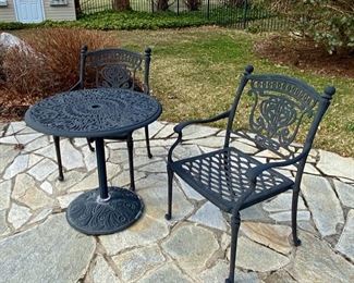 Sold-       Cast Iron Bistro Table with pair of Arm Chairs