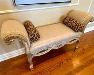 Sold-         Linen Upholstered Roll Arm Bench