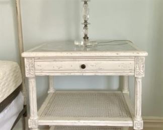 SOLD-     Pair of Painted Carved Wood and Wicker Side Tables 18" Across x26" D x31" H
