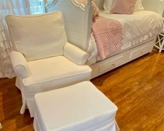 White Linen Upholstered Club Chair with Ottoman