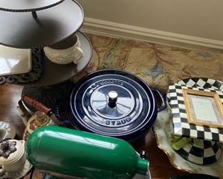 SOLD-        Staub Oven, MacKenzie-Childs Frame, MacKenzie-Childs Courtly Check Footed Bowl, MacKenzie-Childs Bowl, Kitchen Aid Mixer