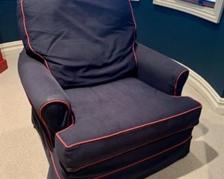 SOLD-    Navy Upholstered Club Chair with Red Piping