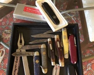 Some vintage pocket knives, a leatherman tool,  victorinox. Note: only a few left.