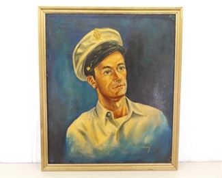 Large 1940's Oil on Canvas Painting of a Navy Soldier

