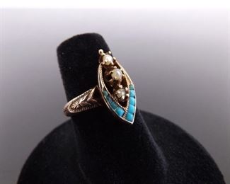 Antique 10k Yellow Gold Shafer and Douglas Turquoise and Pearl Ring Size 6
