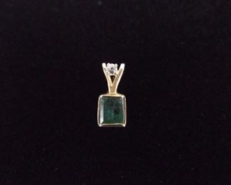 14k Yellow Gold Square Cut Emerald and Diamond Pendant

