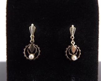 14k Yellow Gold Antiqued Pearl Dangle Post Earrings
