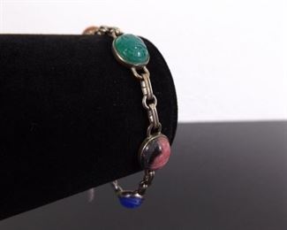 Vintage .925 Sterling Silver Multi Stone Carved Scarab Bracelet
