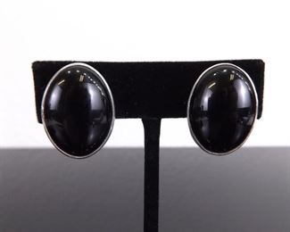 .925 Sterling Silver Black Onyx Cabochon Clip Earrings
