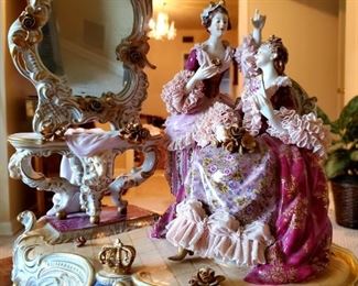 $900 - Dresden "Dressing Mirror" Plateau Group Porcelain Figurine