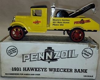 1931 Pennzoil Die Cast Metal Hawkeye Wrecker Bank
