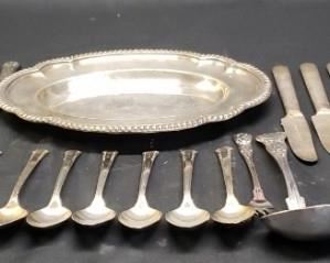 Estate lot of silver plate utensils, and a platter
