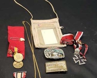 Estate lot of military medals, belt buckles, ect

