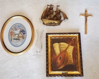 1524: 2 Framed Pieces of Art Work, Crucifix, Metal Boat and Glass Vase
Measures approx from 9"x11" to 13"x16"