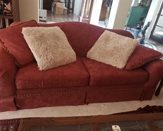 Vintage Red Fabric Couch and Love Seat with Decorative Pillows
Couch measures approx 91