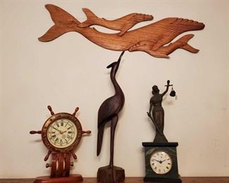 1078: 2 Decorative Clocks, Crane Statue, Wood Whale Wall Decor
2 Decorative Clocks, Crane Statue, Wood Whale Wall Decor