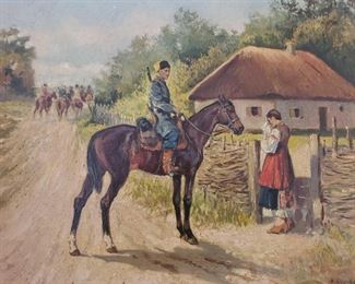 Signed Framed Oil on Canvas By K.Kusenzov. Konstantin Konstantinovich Kuznetsov A Russian Artist
Measures Approx 26×32
Signed Painting By K.Kusenzov. Konstantin Konstantinovich Kuznetsov A Russian Artist
Artist biography
(1895 - 1980)
Konstantin Konstantinovich Kuznetsov was active/lived in Russian Federation. He is known for paintings
Konstantin Kuznetsov was born in 1895 in St. Petersburg and became a very well known illustrator in the Soviet Union.
As of 1944 he was in a prisoner of war camp in Yugoslavia, and after the war would later live in Munich before emigrating for the United States ,
where he would continue his career as an illustration artist..Konstantin Konstantinovich Kuznetsov arrived in Los Angeles from Russia in 1948.
His illustrations and paintings, influenced by Ilya Repin’s historical paintings and Belinin’s fairy-tale folk style, quickly found favor with the Russian community
In the 1950s, Kuznetsov met the Russian-born Sonia Colefax, who was quickly captivated by