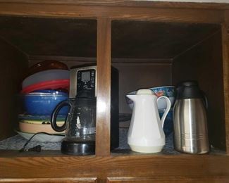 2 Cupboards Full of Kitchen Appliances and Vases
Items include coffee pot, baking bowls, thermos dispensers, punch bowls and more!