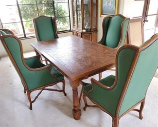 Wooden Dining Room Table with 4 Chairs and 2 Leaves
Chairs are Cal-Mode Furniture Co - chair 6038 French Walnut Table measures approx 74" x 44" x 29" and 120" with leaves