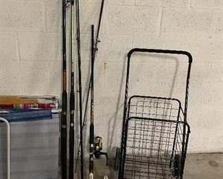 fishing poles & shopping cart & lawn chairs