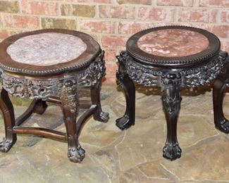 7. Pair Carved Chinese Marble Top Tambour Tables