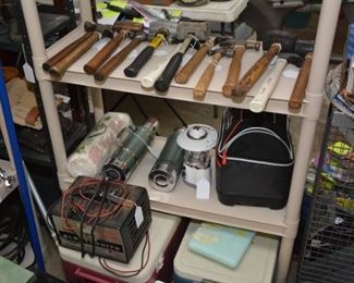 shelving, hammers, battery charger, thermos, etc.