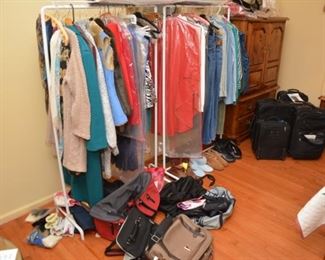 clothes, shoes, duffel bags, totes