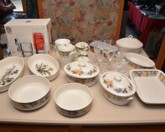 Mikasa serving dishs, Villaroy and Boch casserole dishes, glassware