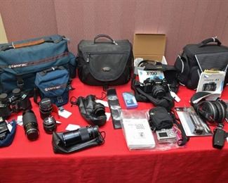 camera bags, cameras, lens, binoculars, Sony Walkman, casio