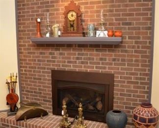 fireplace tools, wood holder, andirons, urns