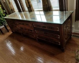 Great room-inlaid dresser/cabinet with glass top, brought from India 25 years ago. bone inlay scenes of birds/trees (#10) (9 drawers). Measures: 96" x 30" x 24".  Dresser #10 (birds):  $810.00