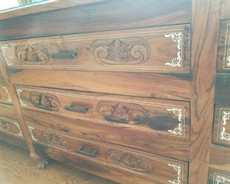 Great room-front of drawers on inlaid cabinet.   Dresser #10 (birds):  $810.00