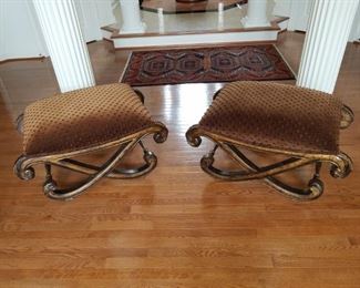 Great room-pair brown velvet ottomans/benches w/ wooden legs.  PAIR: $85.00