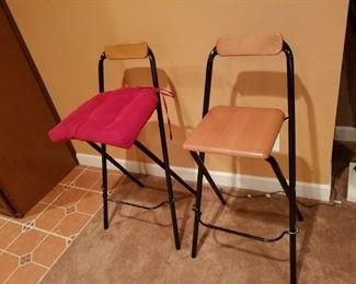 Lower level: pair folding wooden bar "stools", 28" seat height.  $30.00 PAIR