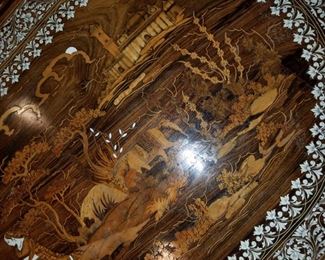 Lower level: oval bone inlaid & carved coffee table. #14. 53" x 32" x 20". From India.  Oval table: 195.00