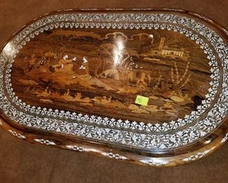 Lower level: oval bone inlaid & carved coffee table. #14. 53" x 32" x 20". From India.  Oval table: 195.00