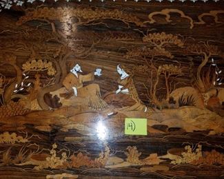Lower level: oval bone inlaid & carved coffee table. #14. 53" x 32" x 20". From India.   Oval table: 195.00